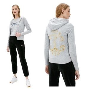 Juicy Couture Black Label Track Velour Gold Embellished Hoodie Hooded Jacket